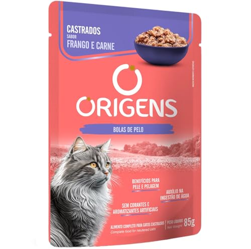 Sachê Origens Gatos Adultos Castrados Frango e Carne 85g 6 unid Ração úmida