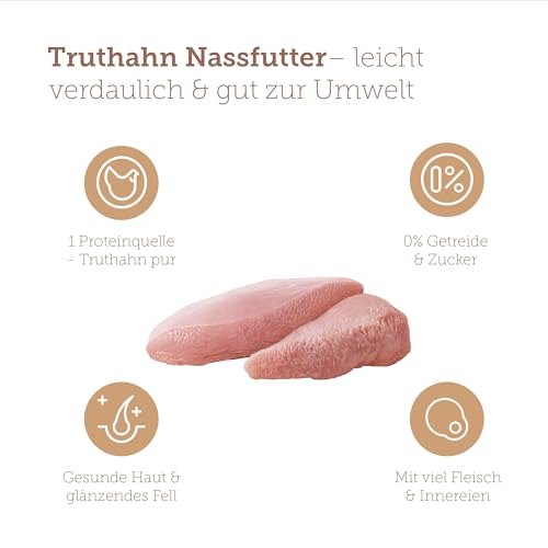 MERA Pure Sensitive Truthahn (6x400g), Hundefutter nass mit hohem Fleischanteil und getreidefrei, Nassfutter aus 100% tierischem Protein für Sensible Hunde, Single Protein