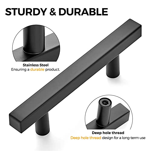 SYDARSYN 2 Pcs 2 Pcs Black Cupboard Handles Stainless Steel Square T Bar Cabinet Handles Kitchen Drawers Knobs Pull Handles Bathroom Door Handles Furniture Pulls 96mm - Image 3