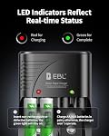 EBL Smart Rapid Battery Charger for AA AAA 9V Rechargeable Batteries Ni-MH Ni-CD, 4 Bay Foldable Plug Charger