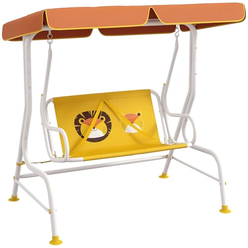 Outsunny Balancín de Jardín Exterior Columpio de Jardín Infantil de 2 Plazas con Patrón de León Toldo Ajustable en Ángulo Carga 60 kg 110x70x110 cm Amarillo