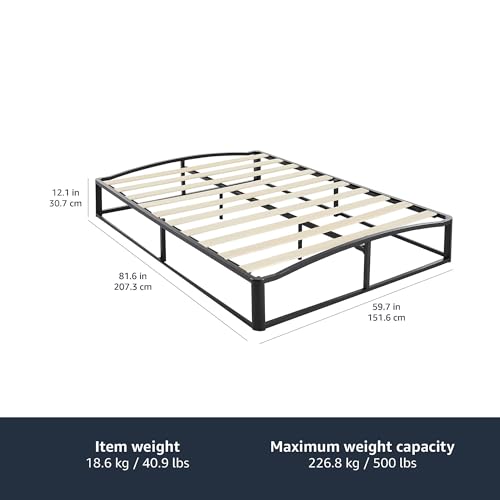 Image of Amazon Basics Metal Platform Bed Frame with Wood Slat Support, Storage Space Underneath, 10 inches High, Queen, Black