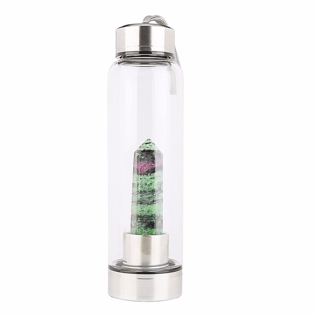 SAHKGYE Botella De Agua De Cristal Obelisco Curativo De Punto De Cristal Natural Botella De Agua Wand Elixir Energy Botella De Agua con Infusión De Piedras Preciosas De Cuarzo (Color : Red and Green)