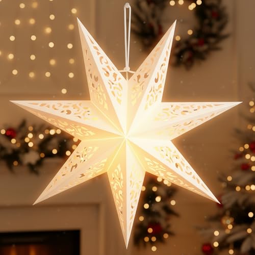 Paper Star Lantern Lampshade: White 7 Pointed Hollow Out Star Lights Lantern Wedding Christmas Ceiling Wedding Party Birthday Hanging Pendant Decor Supplies 45CM Paper Light Shade