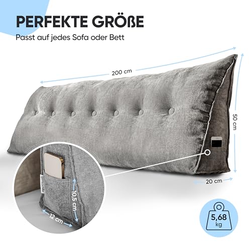 Björn&Schiller Rückenkissen - Lesekissen für Bett und Sofa, Keilkissen, Rückenpolster für die Wand, Sitzkissen, Wandkissen, groß mit waschbarem Bezug (Grau, 200 cm)