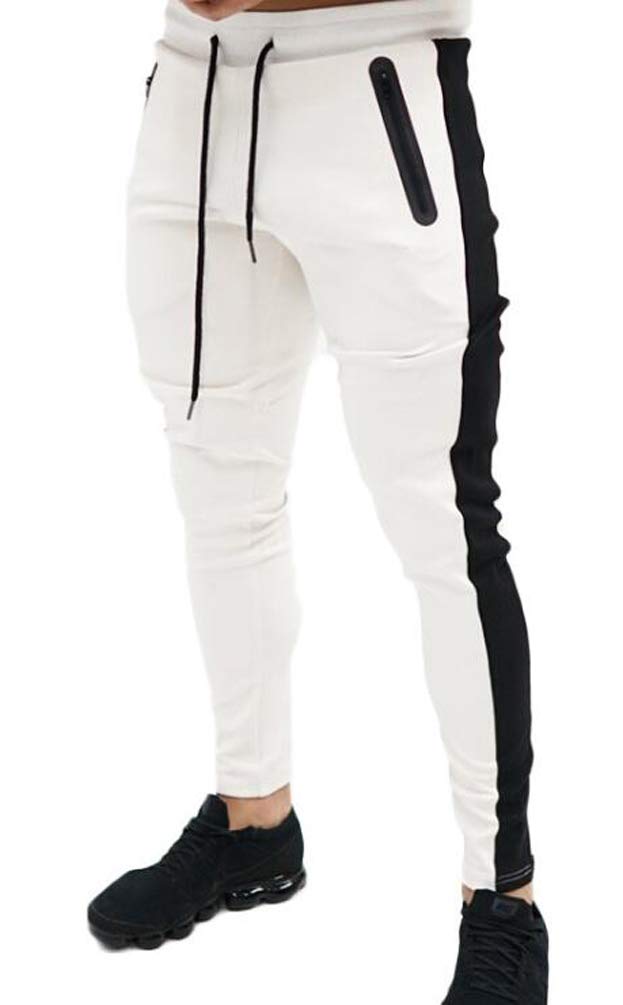 Huixin Męskie spodnie dresowe slim fit spodnie sportowe fitness spodnie rekreacyjne chłopięce spodnie dresowe w paski spodnie dresowe joggery, biały, L