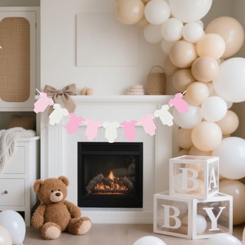 Image of Pre-Strung Pink Gingham Bodysuit Baby Shower Garland Banner - 9 Double-Sided Onesie Cards-Baby Shower Decoration for Girls, Pink Nursery Decor, Newborn Celebration Banner