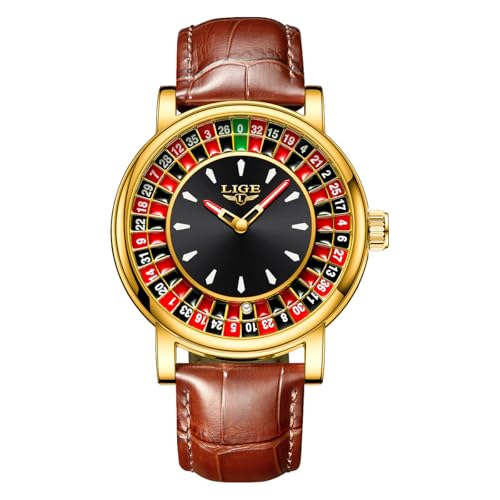 MASTOP Roulette Watch for Men Unique Luxury Quartz Analog Big Face Watch Waterproof Luminous Leather Wrist Watch Casual Fashion Style (Gold Brown)