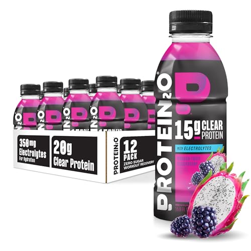 Image of Protein2o Hydration Drink - 2-in-1 Liquid Clear Whey Protein Isolate and Electrolyte Drink - 15g Protein, Vitamins B5, B6 - Post-Workout Recovery - 16.9 Fl Oz - 12 Count Dragon fruit Blackberry