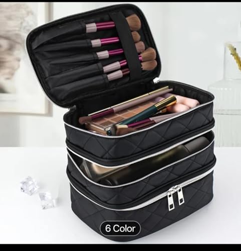 Image of Handcuffs Cosmetic Bag for Women 3-Layer Zipper Makeup Organizer with Carry Handle for Travel & Home | Multipurpose Vanity Box for Toiletries Make Up Accessories Brushes & Cosmetics (Black)