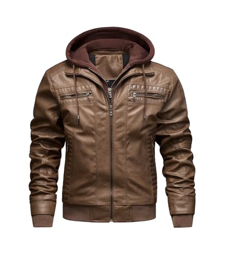 Image of FTIMILD Men's Leather Jacket Motorcycle Jacket Windproof PU Vintage Bomber Jacket with Removable Hood