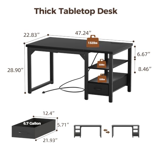 Image of Mericonia 48 inch Computer Desk with Drawer, 1.2 inch Thick Reversible Office Desk | Modern Writing Table with Power Outlets & Storage Shelves, Heavy Duty Industrial Study Desk for Home Bedroom Work