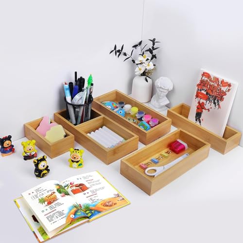 Image of HOKIPO Bamboo Drawer Organizers Storage Box for Home, Bathroom, Kids Room Office Desk Organizer, 9X9X7 cm (AR-5056), Brown