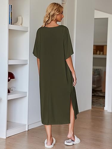 Image of Ekouaer Women's Nightgown Short Sleeve Sleepshirt Long Loungewear Casual Maxi Lounge Dress House Dresses with Pockets