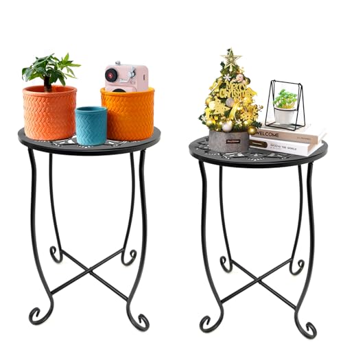 Fashion&cool Outdoor Side Tables, 2 Pack Patio Side Table, Weather Resistant Metal Small Round Outdoor End Table Side Table for Patio Yard Porch Balcony Garden Bedside, Plant Stand for Indoor Outdoor