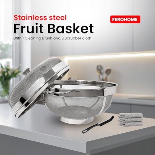 Image of 11 InchStainless Steel Fruit Basket with Lid | Includes Free Cleaning Brush and Multi Fiber Cloth | Fruit & Vegetable Storage Basket for Kitchen & Dining Table (Medium 11 Inch)