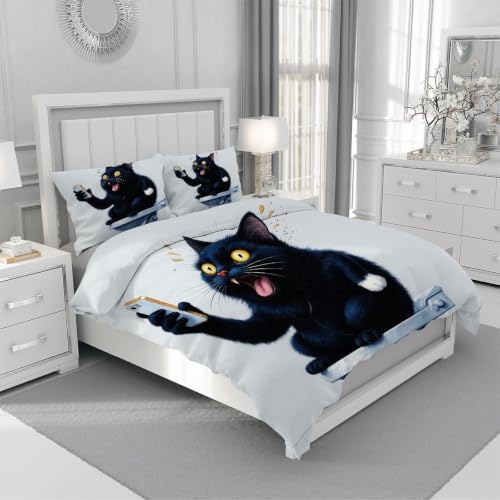 Housse de Couette Chat Noir 240x260 Microfibre pour Dormir Plus Confortablement