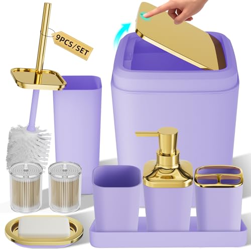 XLHOMO Bathroom Accessories Set - Luxury Purple Bathroom Set, 9 Pieces Bathroom Accessory Set, Purple Bathroom Accessories with Trash Can, Toilet Brush & Soap Dispenser by XLHOMO - Used condition - US$27.64