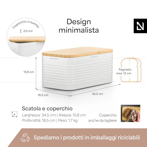 Image of LARS NYSOM Bread Box I Metal bread box for long lasting freshness with non-slip pads I Baked goods Bin with bamboo lid usable as cutting board I 13.6x7.3x6.2in (Pure White)