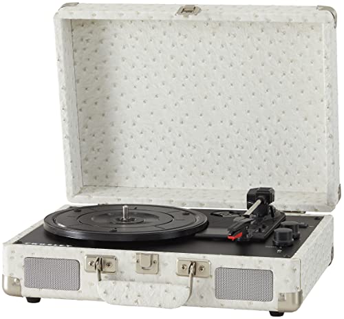 Image of Crosley CR8005F-WO Cruiser Plus Vintage 3-Speed Bluetooth in /Out Suitcase Vinyl Record Player Turntable, White Ostrich