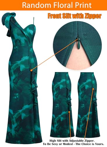Image of VFSHOW Womens Formal Prom Elegant Ruffle One Shoulder Beaded Strap Ruched Slit Maxi Dress Wedding Evening Long Gown