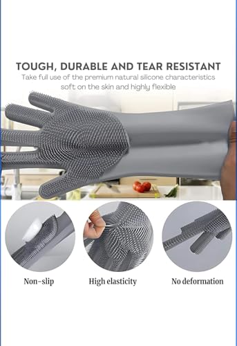 Image of Hand Gloves for Kitchen Cleaning, Dish Washing Silicone Gloves Dishwashing Hands wash utensil for women men, Home essentials Pet Hair Care Grooming, Car, Bathroom (Multicolour, Pack of 1)