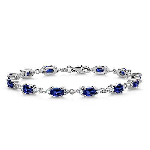 Gem Stone King 925 Sterling Silver Blue Created Sapphire and Whit...