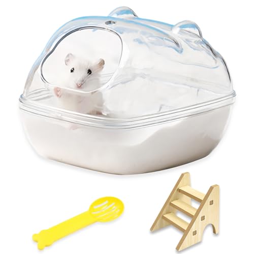 ZYETGH Hamster Sandbad, Hamster Badezimmer mit Leiter und Schaufel Hamster Toilette Transparent Sandbad Badewanne für Hamster Meerschweinchen Mäuse Gerbils (L 16 * 11 * 11CM)