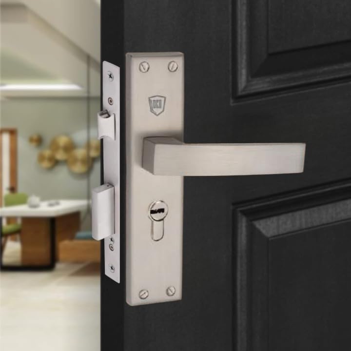 Image of 8 inch Zinc Mortise Lock Set | Main Door Handle Set with Brass Lock Body | Satin Matt Finish | 6- Lever 65mm Brass Cylindrical Door Lock Set for Home, Hotel,Living Room (1016 SS)