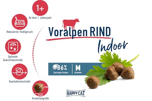 Happy Cat 70592 - Indoor Adult Voralpen Rind - Katzen-Trockenfutter für ausgewachsene Katzen und Kater - 1,3 kg Inhalt