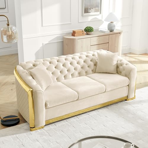 Image of KEIKI 84 inch Luxury Oversized Velvet Chesterfield Sofa with 2 Pillow & Gold Stainless Decoration, Italian Modern Style 3-Seater Button Tufted Couch with Rolled Arms, Easy Assembly, for Living Room, Beige