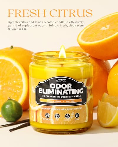 Image of AOOVOO Citrus & Lemon 2 Pack Odor Eliminating Highly Fragranced Candle - Eliminates 95% of Pet, Smoke, Food and Other Smells Quickly, Non Toxic Air Freshing Soy Candle, 18 oz Up to 100 Hours Burn time