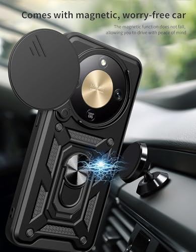 Image of Casodon Heavy Duty Back Case Cover for Honor X9A 5G, Shockproof Honor X9A Back Cover, Ring Case with Kickstand and Camera Protection Shutter - Black
