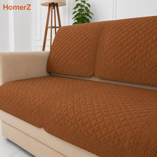 Image of Homerz Premium Petal Charm Sofa Cover | Embossed Floral Pattern | Soft Touch, Anti-Dust & Easy Wash Fabric Cloth, Washable and Durable (Rust, 5(3+1+1) Seater, Seat Cover with Backrest)