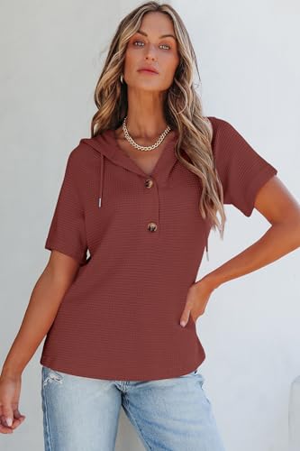 Image of Dokotoo Womens Summer Tops Waffle Knit Short Sleeve Lightweight Drawstring Hoodies Button V Neck Casual Blouses Shirts
