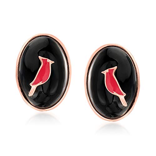 Ross-Simons Black Agate and Red Enamel Cardinal Earrings in 2-Tone Sterling Silver