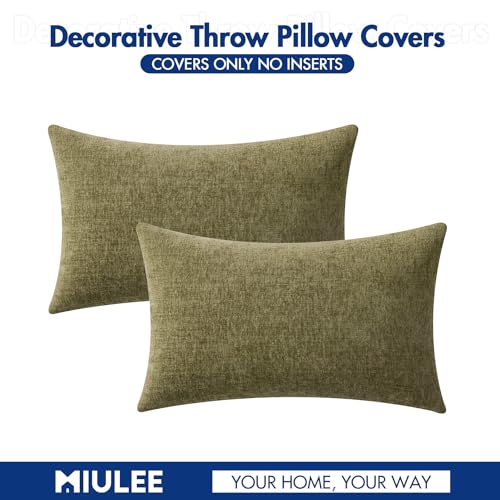 Image of MIULEE Pack of 2 Couch Throw Pillow Covers 12x20 Inch Soft Olive Green Chenille Lumbar Pillow Covers for Sofa Living Room Solid Dyed Cases