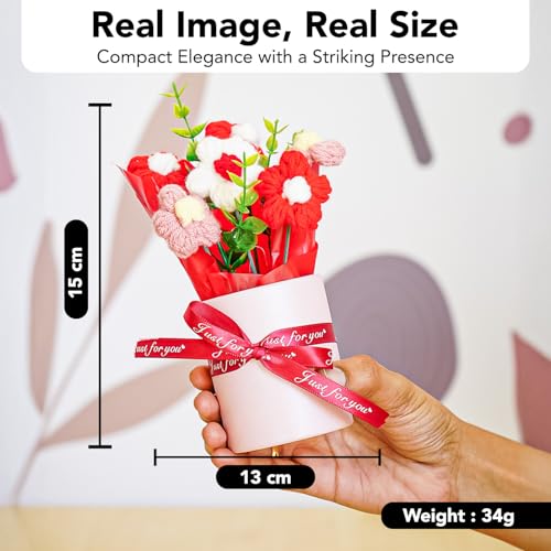 Image of Nostrae by Ekhasa Red Cherry Blossom Crochet Flowers Bouquet (Small Size) | Knitted Flowers For Gifting | Woolen Bouquet Perfect For Crochet Gifts | Handmade Bouquets Gift