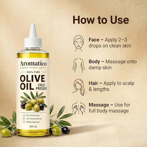 Image of Aromatico Olive Oil Extra Virgin 100% Pure Cold Pressed Oil for Hair, Skin & Body Deep Nourishment | Rich in Antioxidants | Multipurpose Natural Oil - 100ml