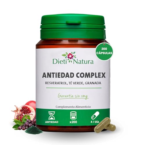 Dieti Natura Antiedad Complex 200 Cápsulas con Resveratrol - Suplemento Antiedad con Resveratrol, Espirulina y Polifenoles - Con EGCG, Vitaminas y Minerales para la Fatiga - Té Verde, Granada y Zinc