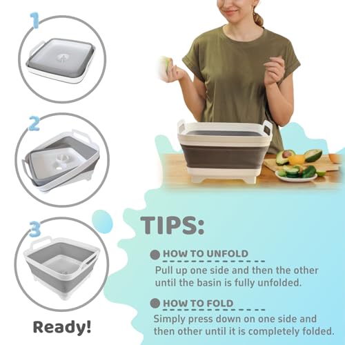 Image of GIMWA Collapsible Wash Basin with Drain Plug - 2.4 Gallon Foldable Kitchen Sink for Baby Bottles, RV Camping, Space-Saving Dish Tub (Gray-Pink)