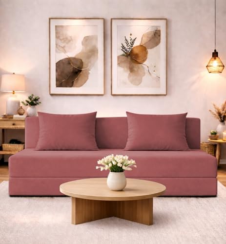 Image of Adorn India Easy 3 Seater Sofa Cum Bed | Velvet Fabric | Pink | Plain Design | 6x5 Ft | Comfortable Seating | Washable Cover | Perfect for Home & Office