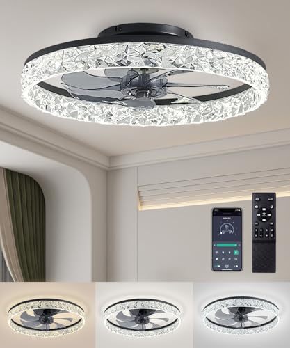 AQUBT Ceiling Fans with Lights and Remote, 19.7' Low Profile Ceiling Fan with Light, 3000-6500K Dimmable, 6 Speeds and Stepless Color Temperature Change for Bedroom, Living Room and Kids Room(Black)