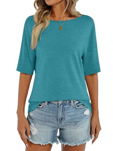 shownicer Camiseta de media manga para mujer, elegante, cuello en U, camiseta de verano, camiseta básica, A Turquesa, XL