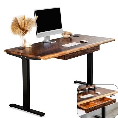Standing Desk with Drawer – Walnut Solid Wood Desk, Natural Live Edge, Adjustable Height Dual Motor, Sit Stand for Home Office (Black, W60 x D27)
