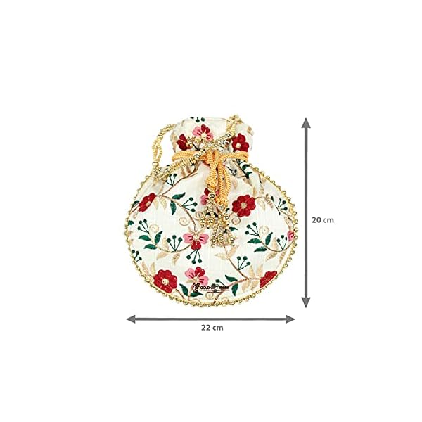 GoldGiftIdeas Designer Cream Floral Potli Bags with Beaded Handle, Potli Pouches for Return Gifts, Ethnic Potli Bags for Women, Shagun Potli Purse (Set of 3) - Image 5