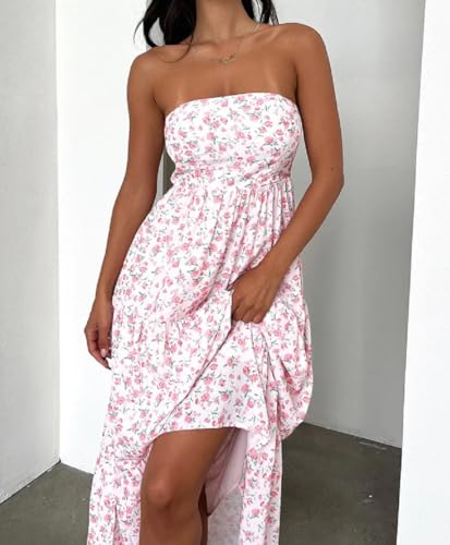 Image of Women Floral Print Maxi Tube Dress Strapless Flowy Long Bandeau Dress Y2K Open Back Sundress Summer Beachwear