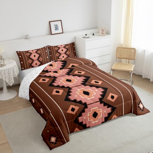 Image of Feelyou Boho Aztec Comforter Set All Season West Bedding Set with 1 Pillow Cases Brown Pink Microfiber Kids Twin Bedclothes Western Bedroom Decor Duvet Quilt Breathable Soft Lightweight