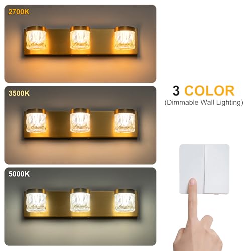 Image of WILON 3-Light LED Vanity Wall Sconce, Gold Bathroom Lighting Fixture | 3 Color Dimmable, Modern Farmhouse, Striped Glass Shade, for Bedroom Living Room Hallway Mirror Vanity, Bulbs Not Included