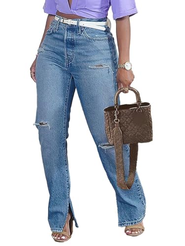 Flamingals Straight Leg Barrel Leg High Rise Casual Ripped Split Hem Wash Denim Jeans Without Belt